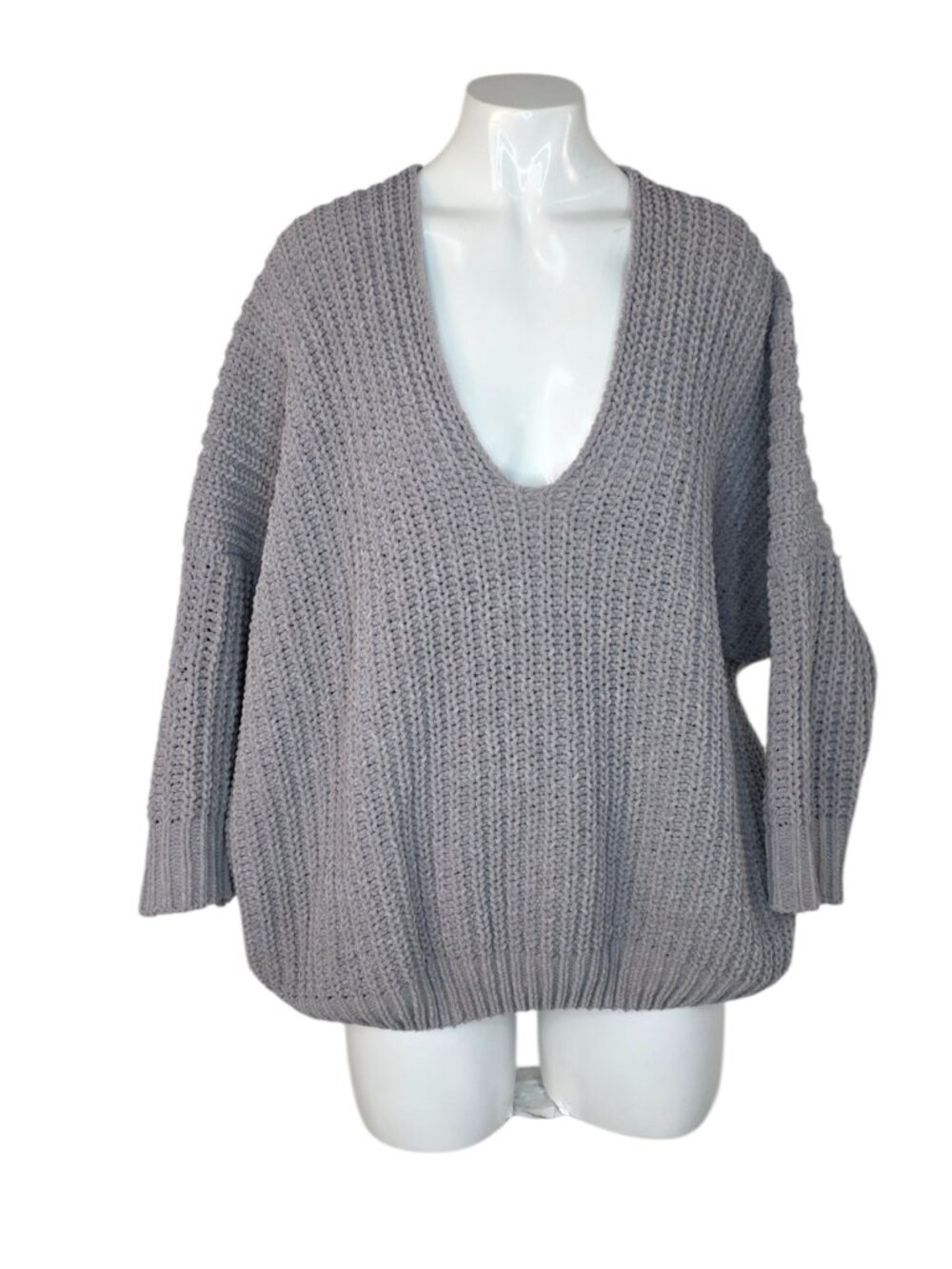 POL Chunky Knit Oversized Long Sleeve Sweater, Chenille, Grey, Size Small